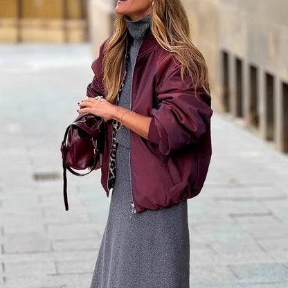 Women's Elegant Reversible Zipper Leopard Print And Wine Red Casual Coat