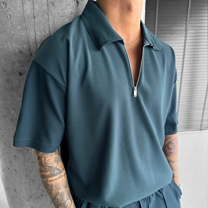 Men's Summer Sports Suits  Zipper Polo Casual Short Sleeve Drawstring Shorts Set