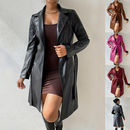 Long Sleeve Pu Leather Jacket With Pockets Slim Fit Long Trench Coat Women