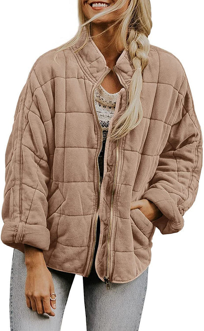 Plaid Long Sleeved Zip-up Stand Collar Jacket For Women's