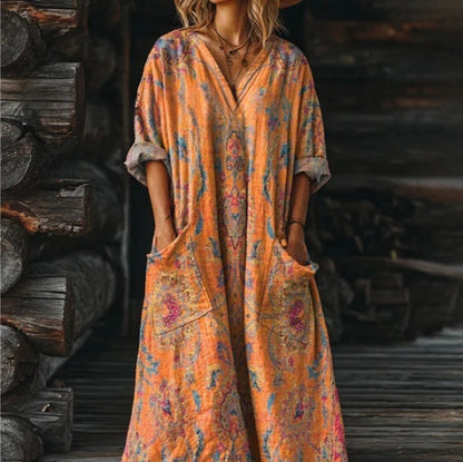 Women's Vintage Floral Art Pattern Print V-neck Pocket Dress