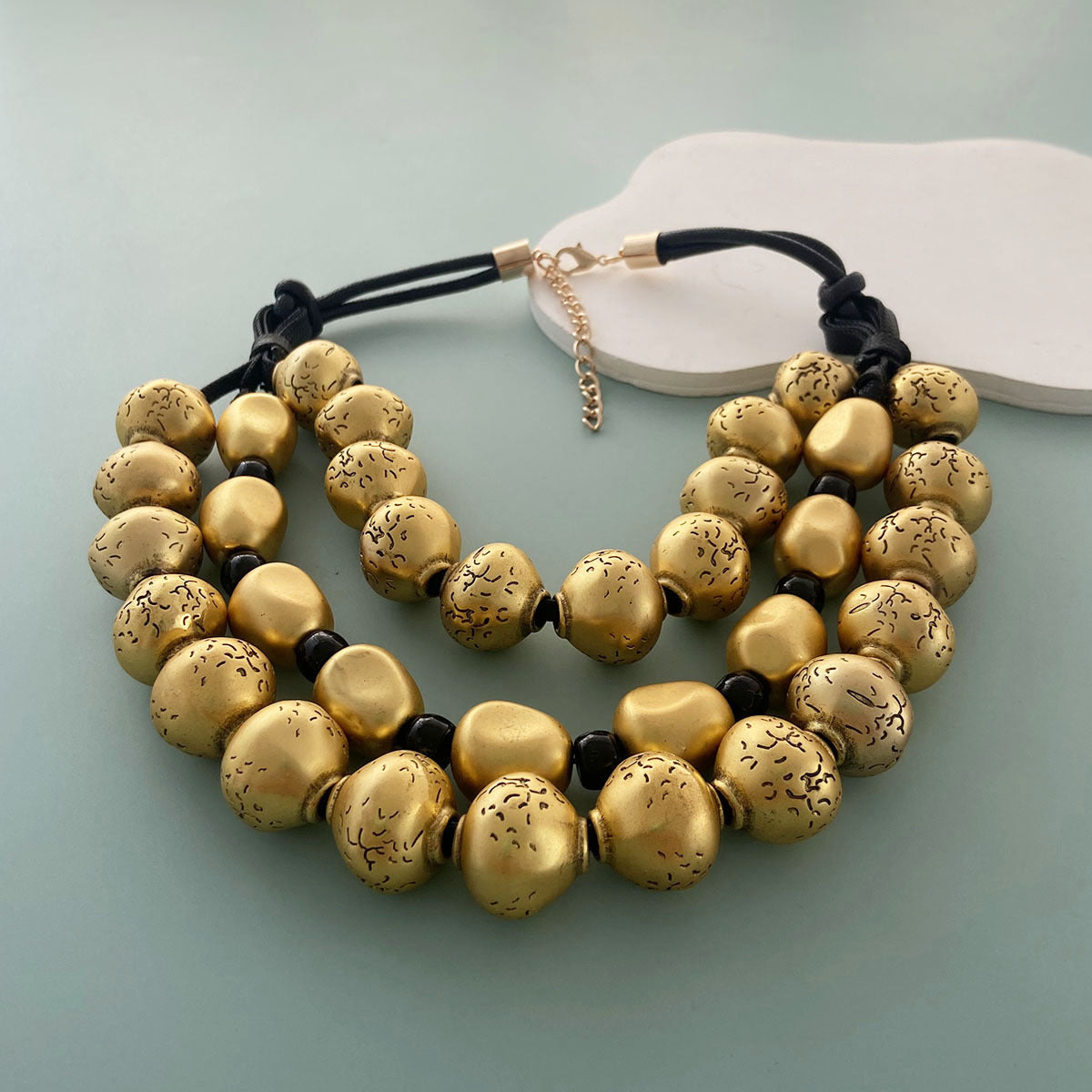 Exaggerated Retro Trendy Three Layer Gold Bead Hand Knotted Rope Necklace