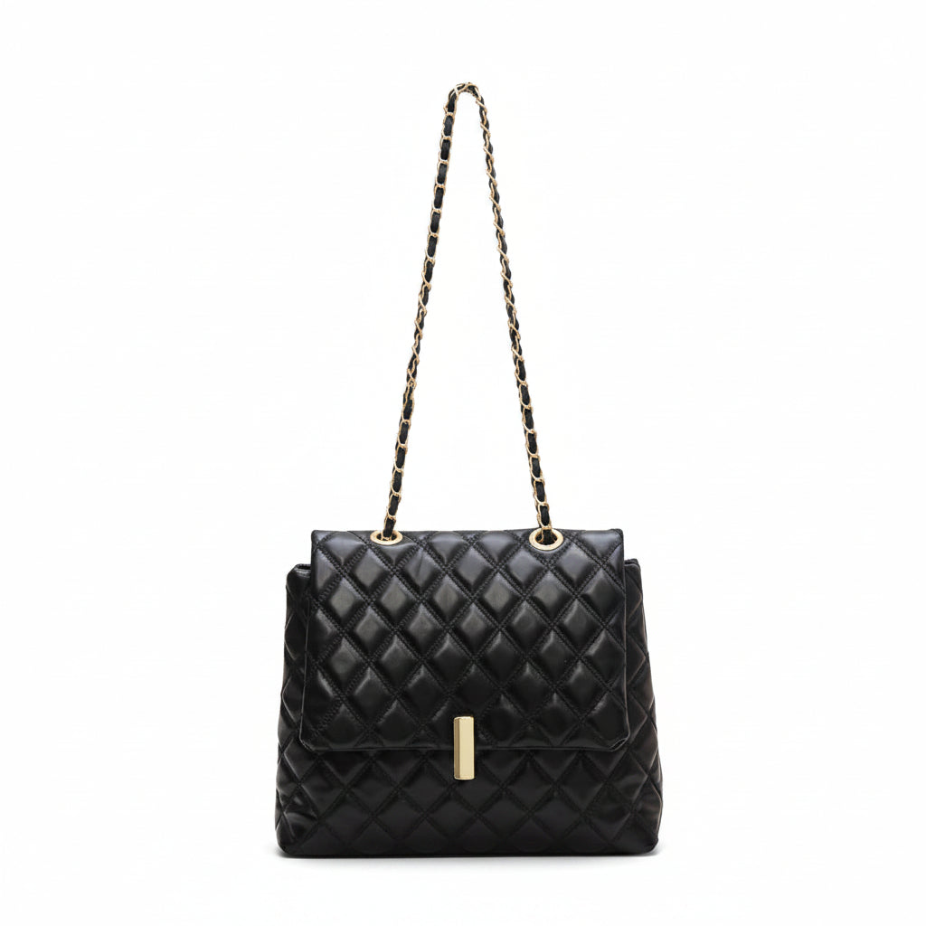Black quilted leather messenger bag with a gold chain strap.
