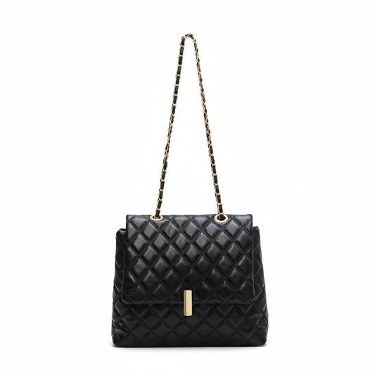 Black quilted leather messenger bag with a gold chain strap.
