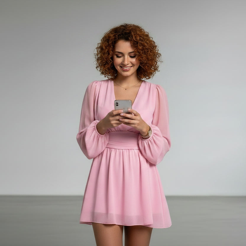 women’s pink V-neck mini dress with bubble sleeves long sleeve high waist style