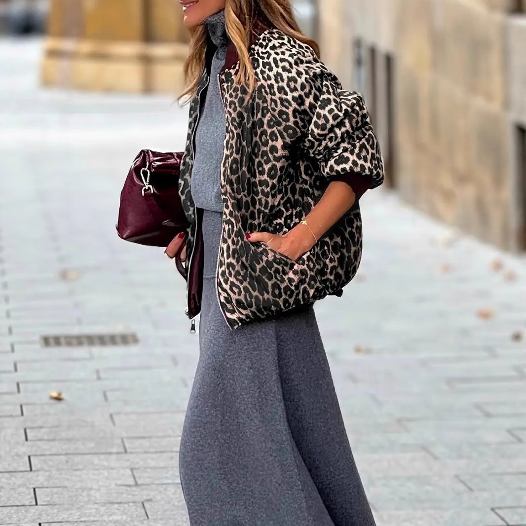 Women's Elegant Reversible Zipper Leopard Print And Wine Red Casual Coat