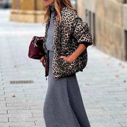 Women's Elegant Reversible Zipper Leopard Print And Wine Red Casual Coat