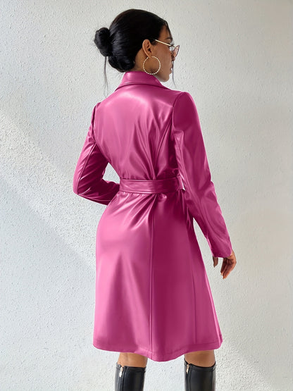 Long Sleeve Pu Leather Jacket With Pockets Slim Fit Long Trench Coat Women