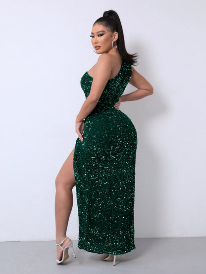 Sleeveless One Shoulder Slash Neck Sequins Slit Dress Women