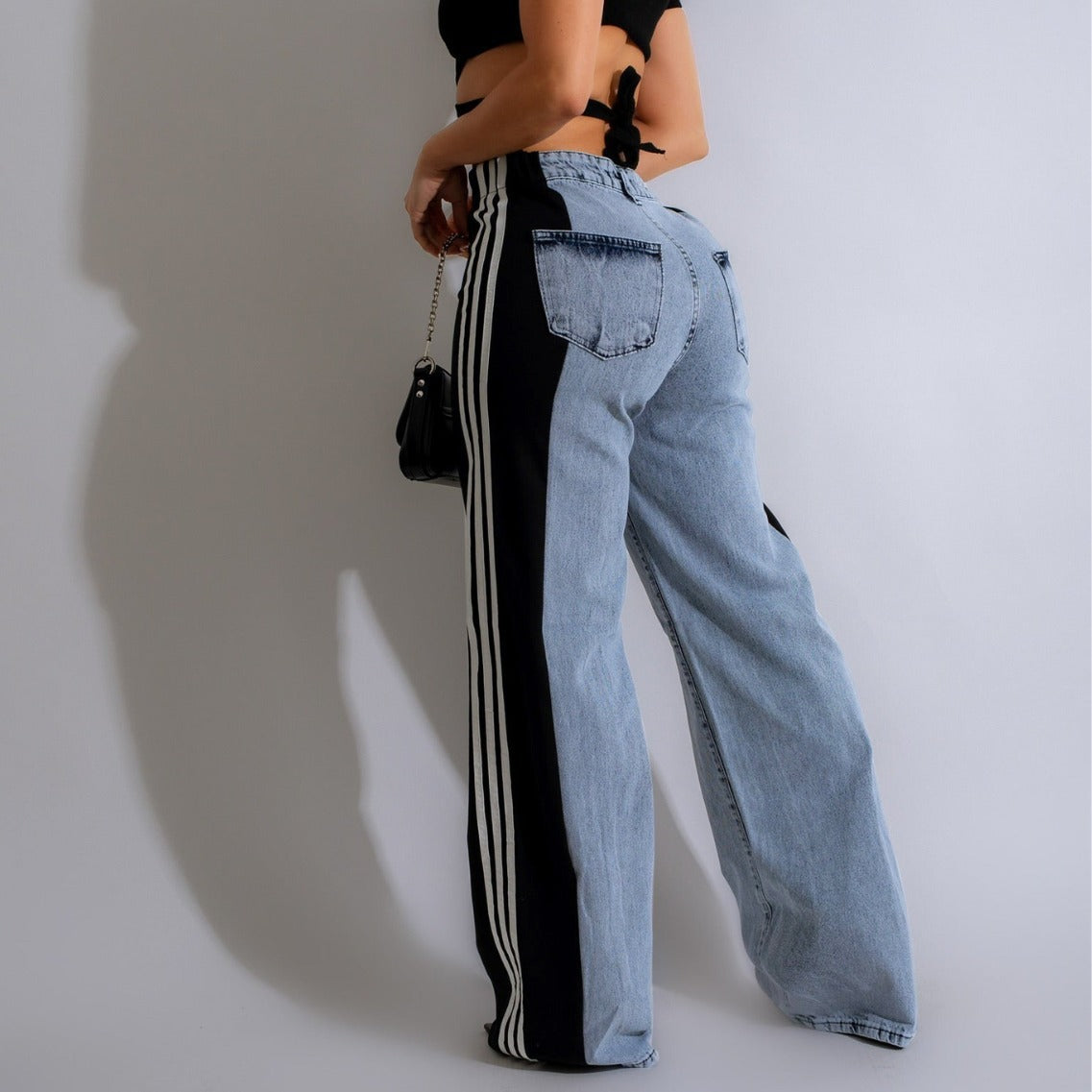 Womens Casual HighWaist Three Stripe Patchwork Denim Wide Leg Pants
