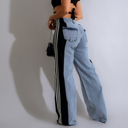 Womens Casual HighWaist Three Stripe Patchwork Denim Wide Leg Pants
