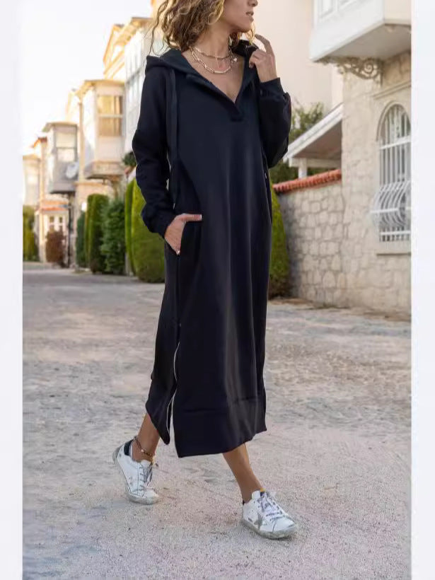 Loose Oversized Knit Hooded Dress Fleece-lined Casual pullover