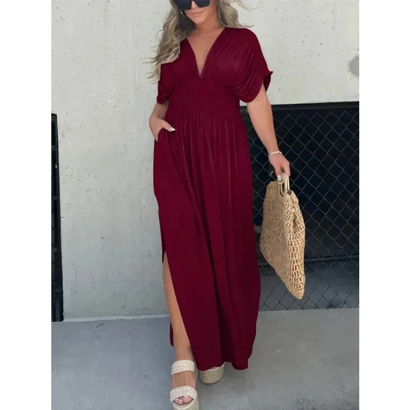 Womens Bat-sleeved V-neck Summer Short Sleeve Dress with Elastic Waist