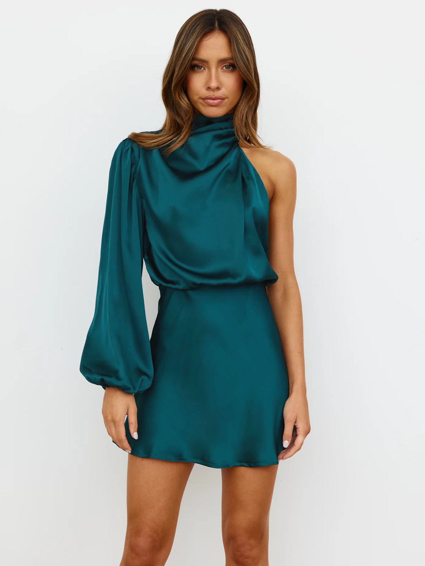 Satin Long Sleeve One-shoulder Elegant Dress Season Prestige