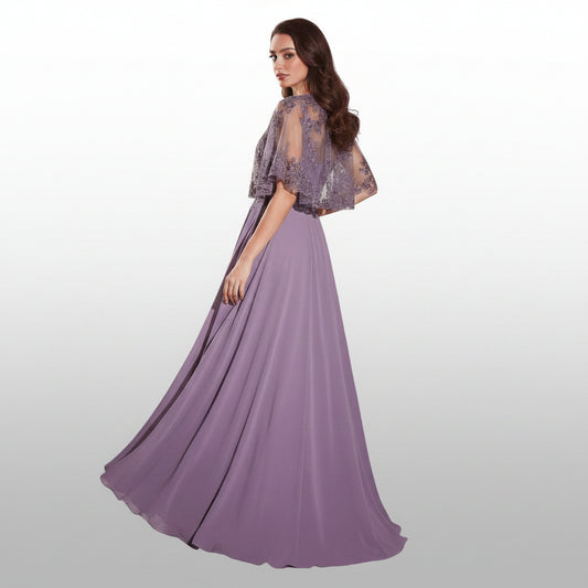 Chiffon A-Line Beaded Lace Bodice Dress With Removable Cape