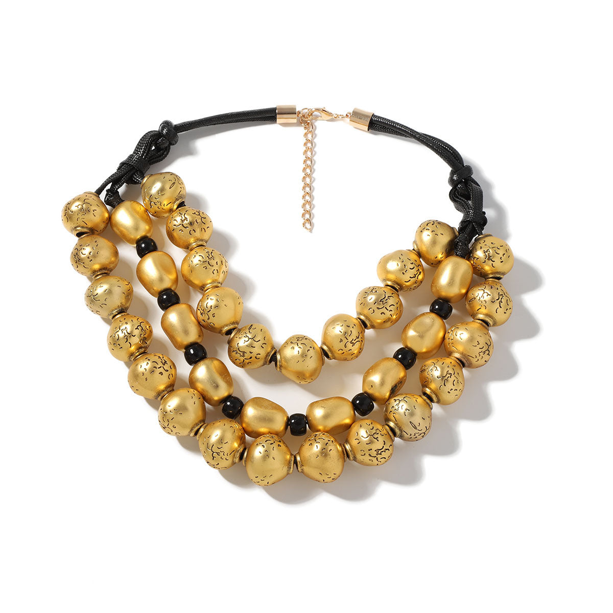 Exaggerated Retro Trendy Three Layer Gold Bead Hand Knotted Rope Necklace