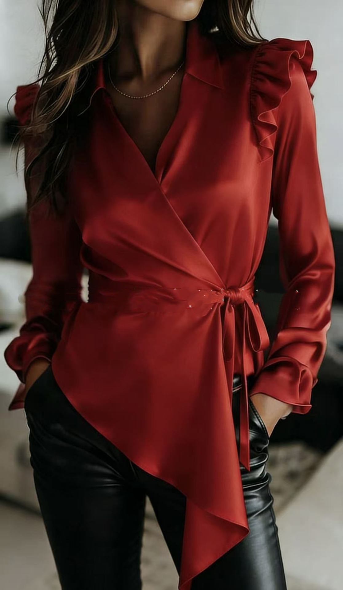 Season Prestige Satin Lapel Blouse in Red