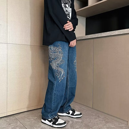 Loose Embroidered Straghtleg Jeans with dragon design For men