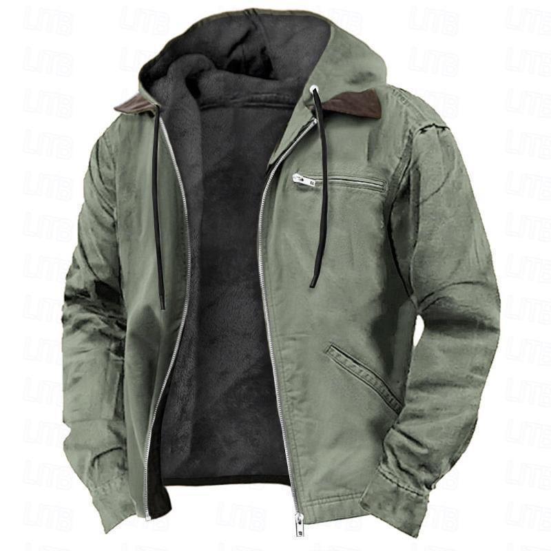 Mens Winter Hooded Coat With Pockets Warm Fleece Zip-up Jacket