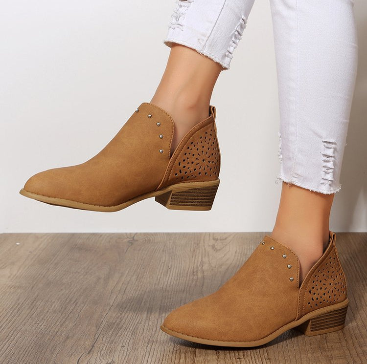 Season Prestige retro studded ankle boots with pointed toe and chunky mid-heel in khaki and brown.