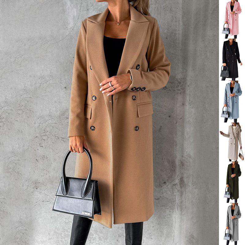 Long Sleeve Lapel Double Breasted Long Winter Coat for Women