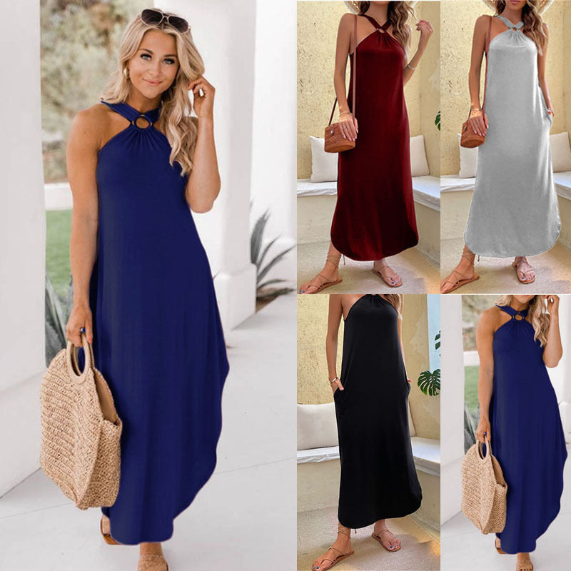 Women's Off-shoulder Hanging Neck Casual Long Dress With pockets