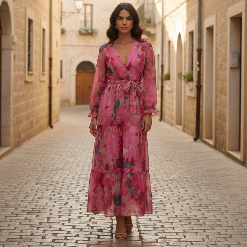 Floral Chiffon Maxi Dress for Women V-Neck Long Sleeve