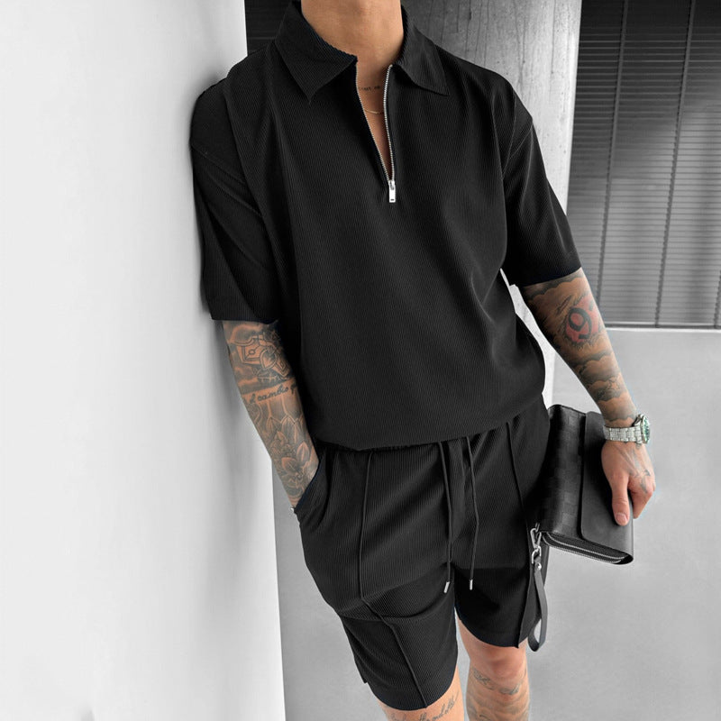 Men's Summer Sports Suits  Zipper Polo Casual Short Sleeve Drawstring Shorts Set