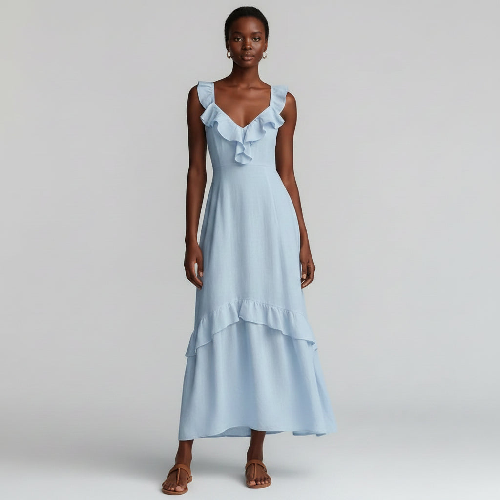 Ruffle Flutter Maxi Dress – Elegant High Waist
