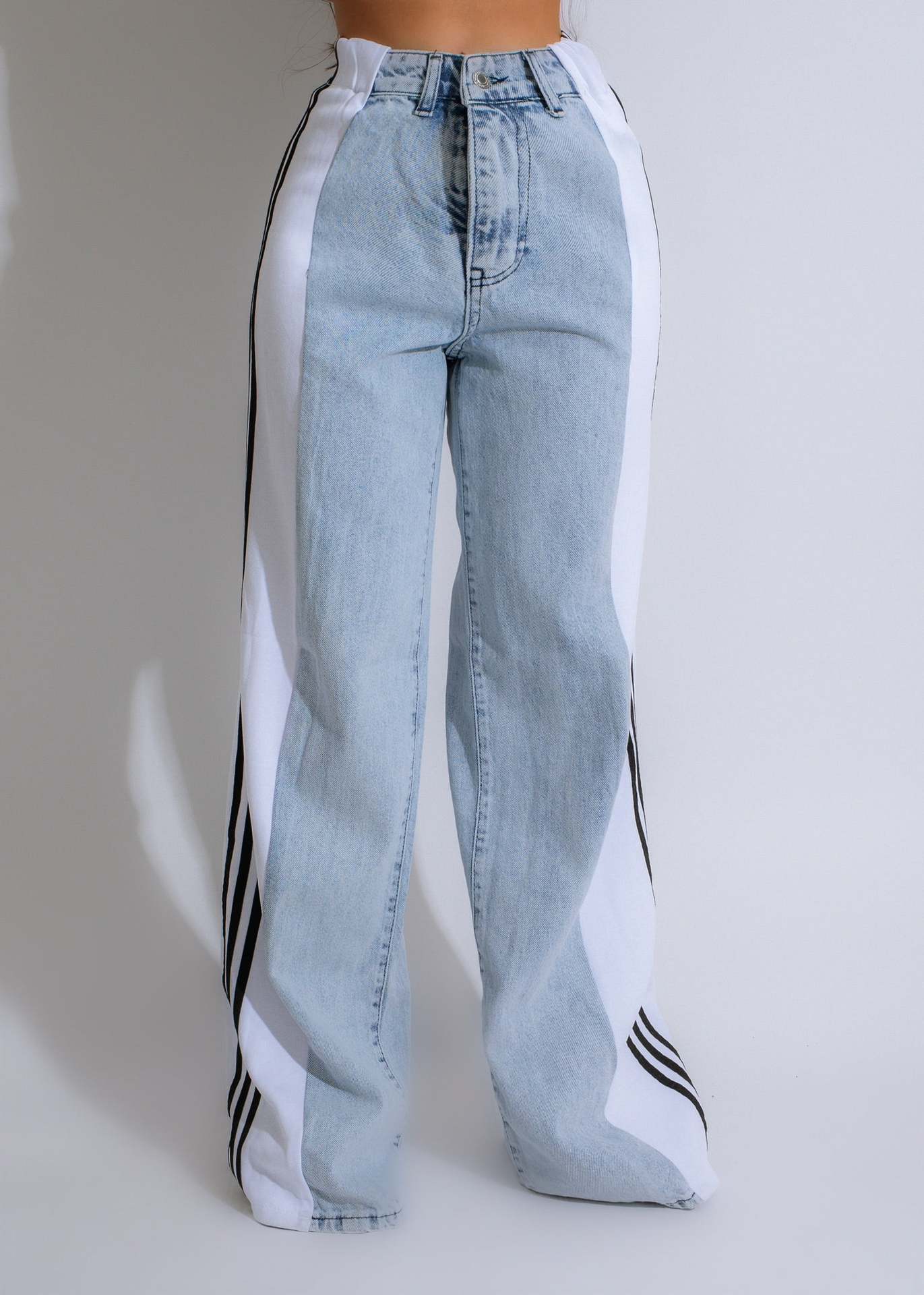 Fashion Casual High Waist Three Stripe Patchwork Denim Wide Leg Pants Streetwear