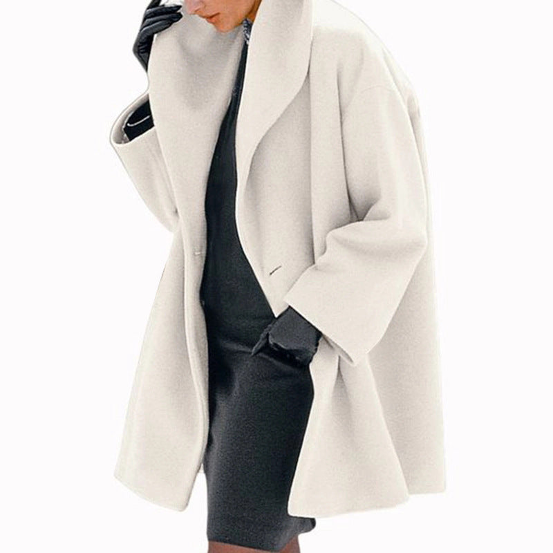 Womens Round Neck Loose Woolen Coat Solid Casual Coat For Autumn and winter