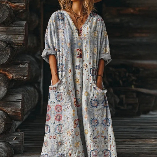 Women's Vintage Floral Art Pattern Print V-neck Pocket Dress