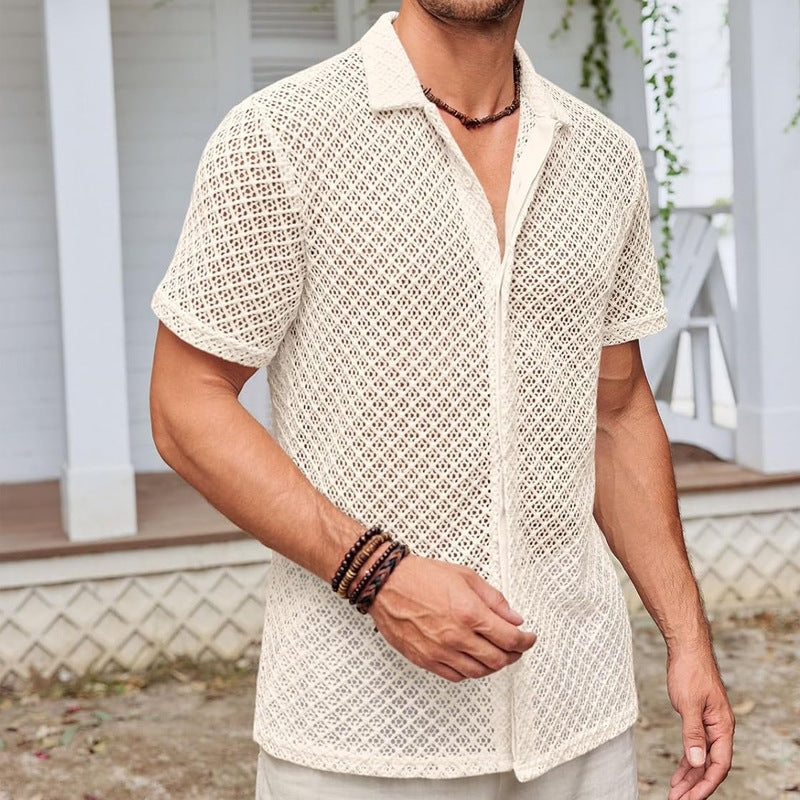 Summer Mesh Short Sleeve Shirt Beach Men's Clothing