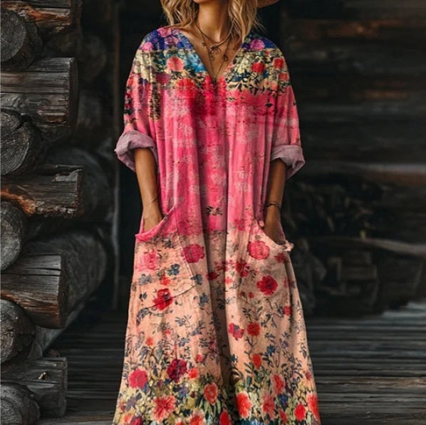 Women's Vintage Floral Art Pattern Print V-neck Pocket Dress