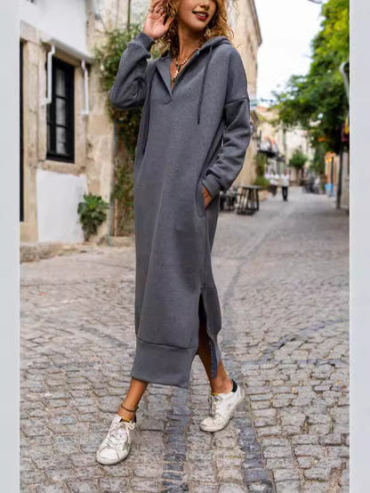 Loose Oversized Knit Hooded Dress Fleece-lined Casual pullover