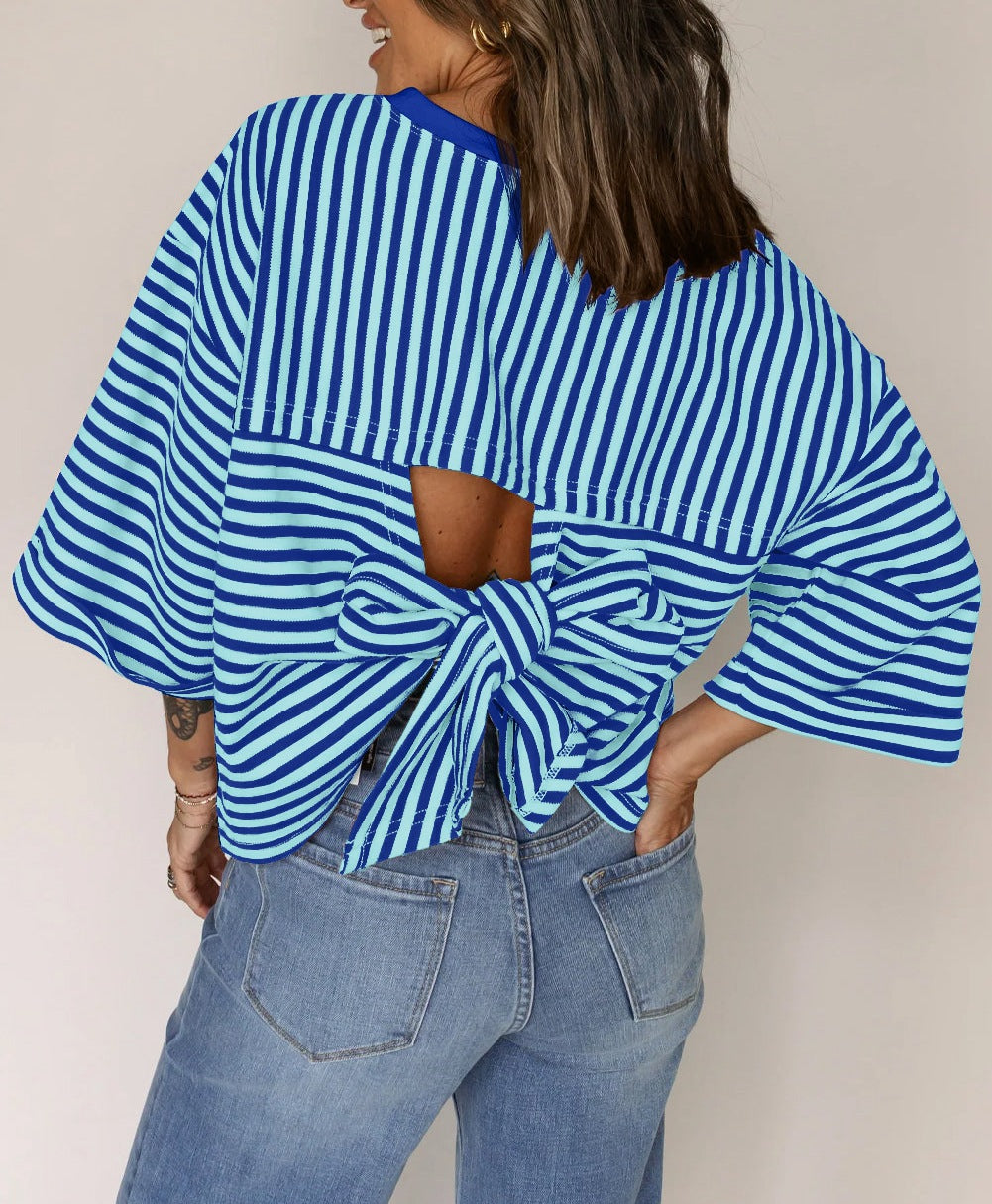 Womens Striped Knit Top with Back-Tie Bow | Season Prestige