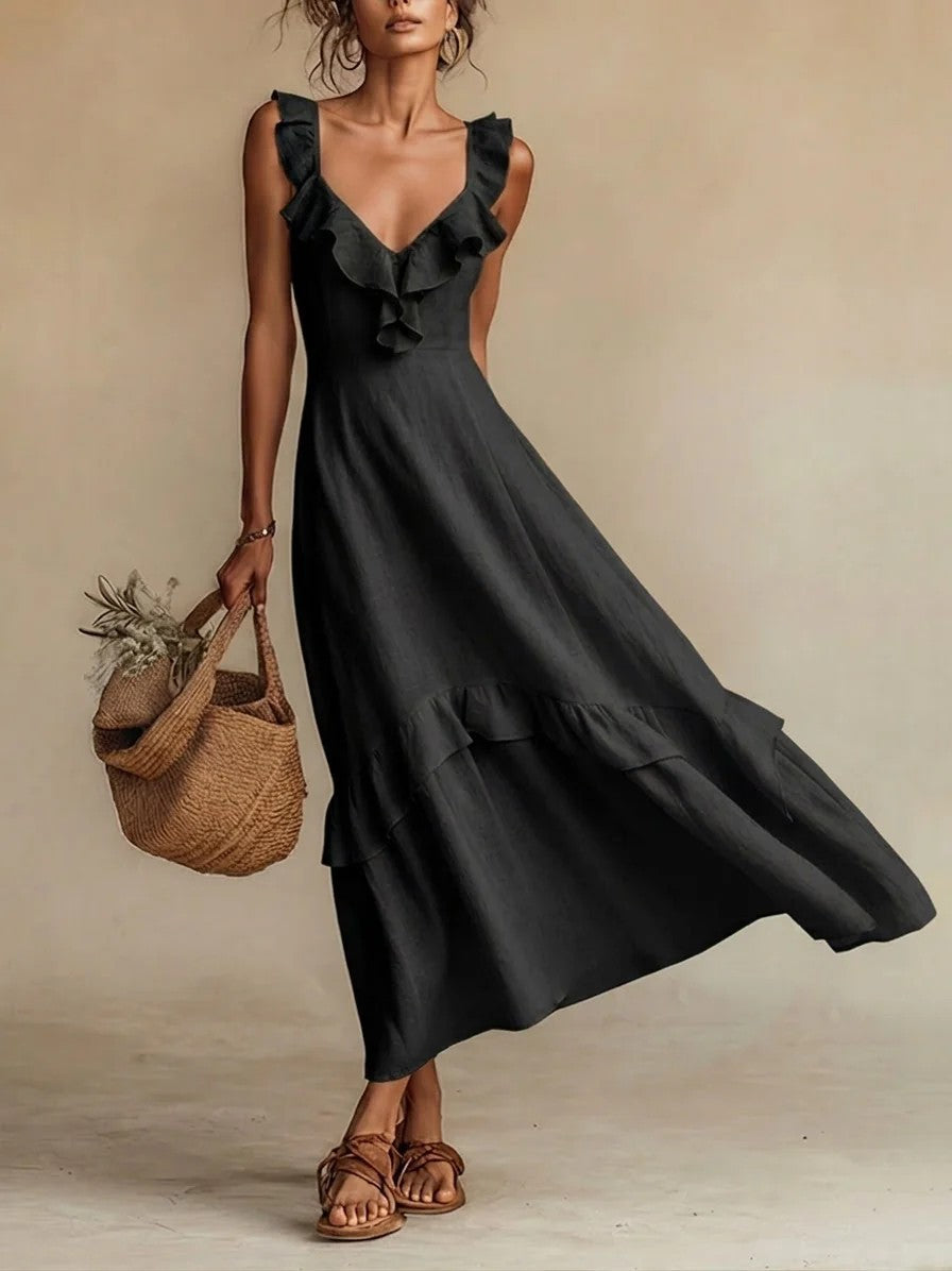 Ruffle Flutter Maxi Dress – Elegant High Waist