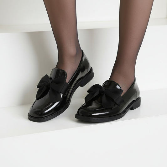 Season Prestige | Black Bow Leather Flats - Square Toe