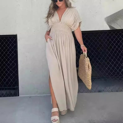 Womens Bat-sleeved V-neck Summer Short Sleeve Dress with Elastic Waist