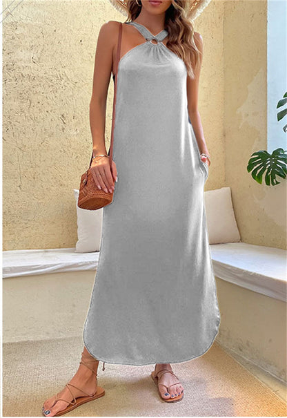Women's Off-shoulder Hanging Neck Casual Long Dress With pockets