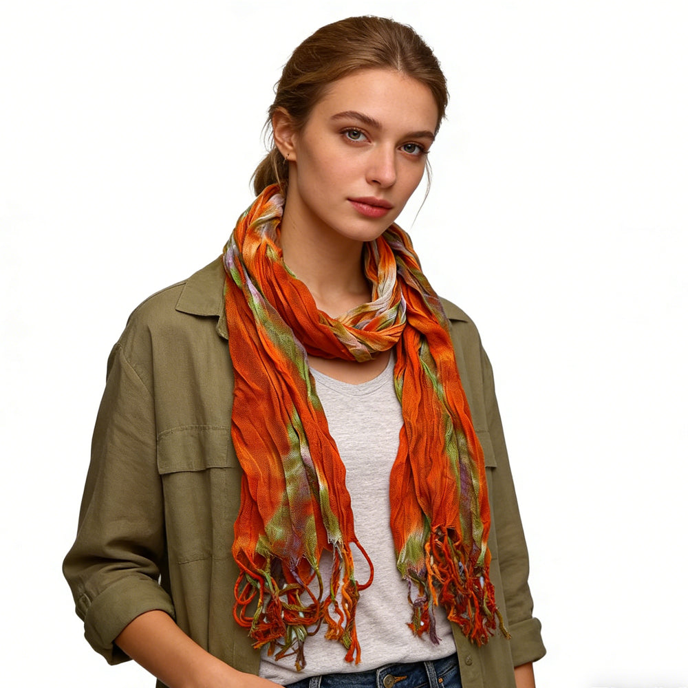 Orange Red Printed Viscose Lightweight All-Season Wrap Scarf