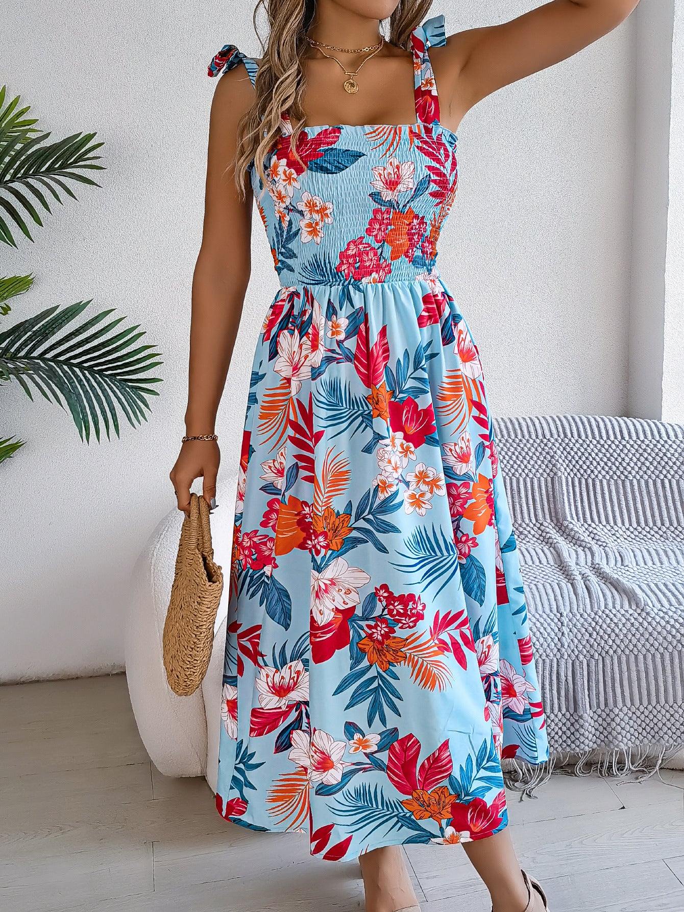 Summer Flowers Print Holiday Beach Long Dress For Women