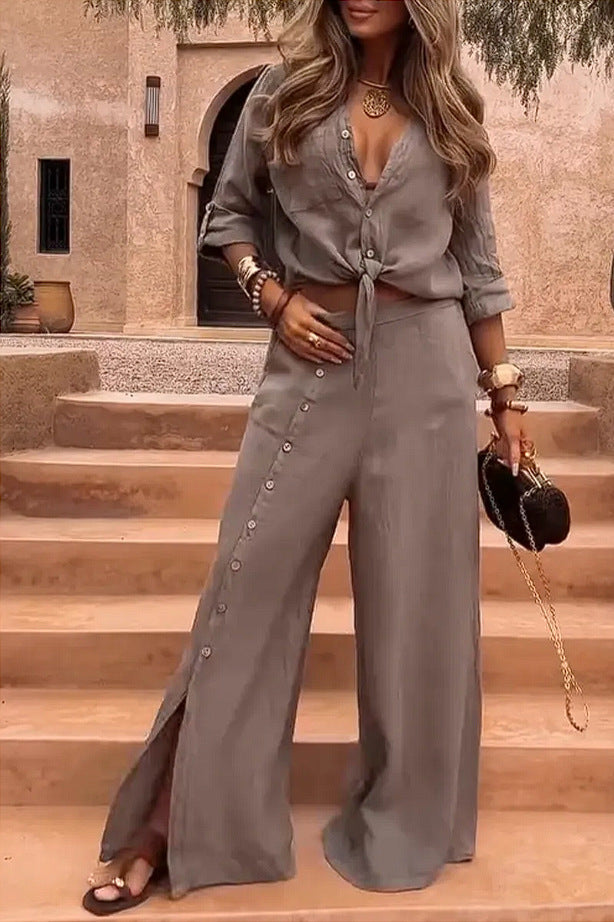 Lady Temperament Lapel Cardigan Split Button Solid Color Suit