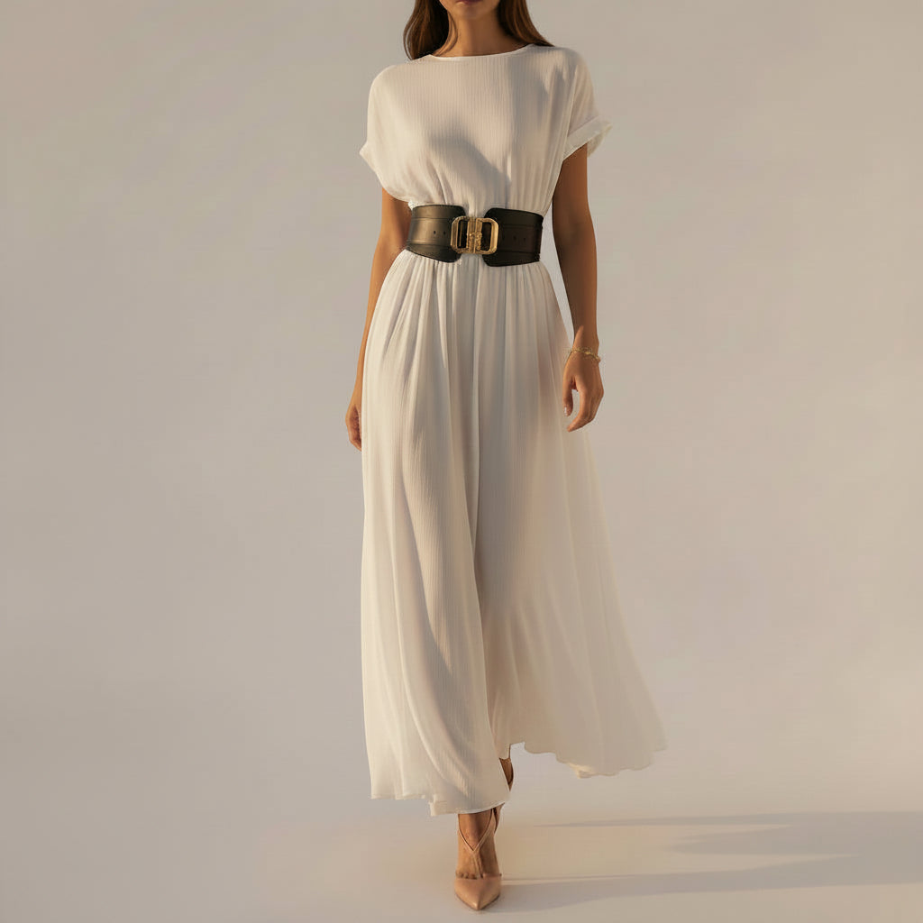 Elegant woman wearing a flowing white resort dress walking through a Mediterranean-inspired courtyard with timeless luxury style.