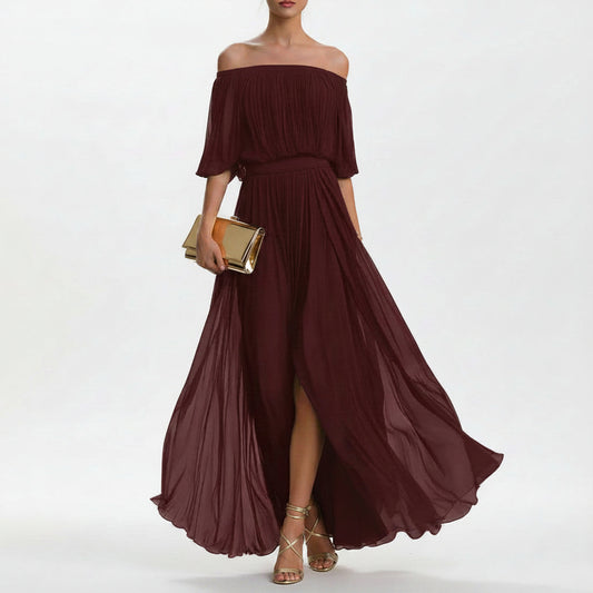 Model wearing a white pleated chiffon off-shoulder maxi dress with a side slit.
