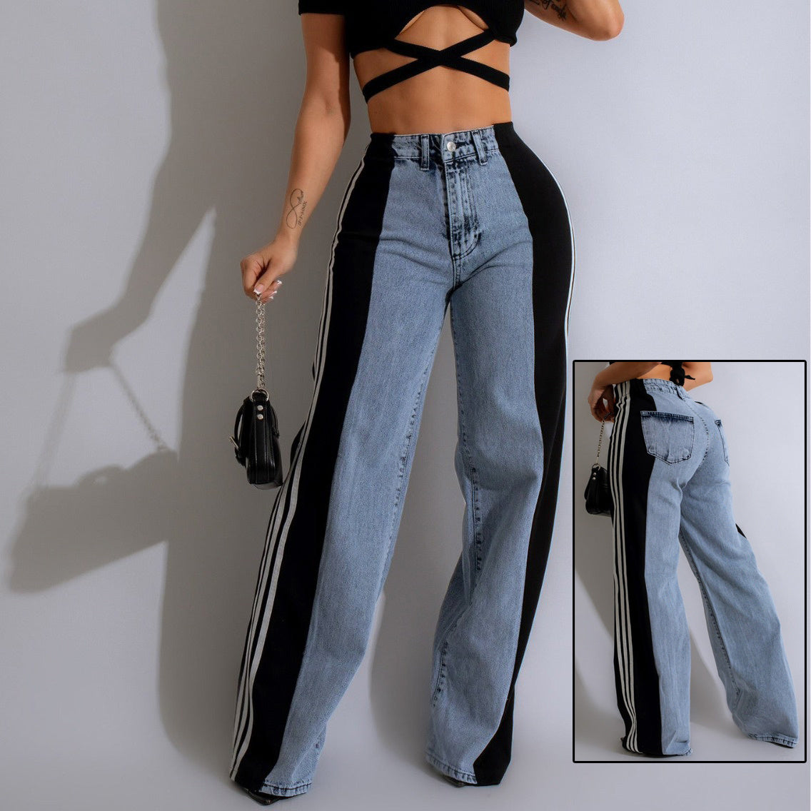 Fashion Casual High Waist Three Stripe Patchwork Denim Wide Leg Pants Streetwear