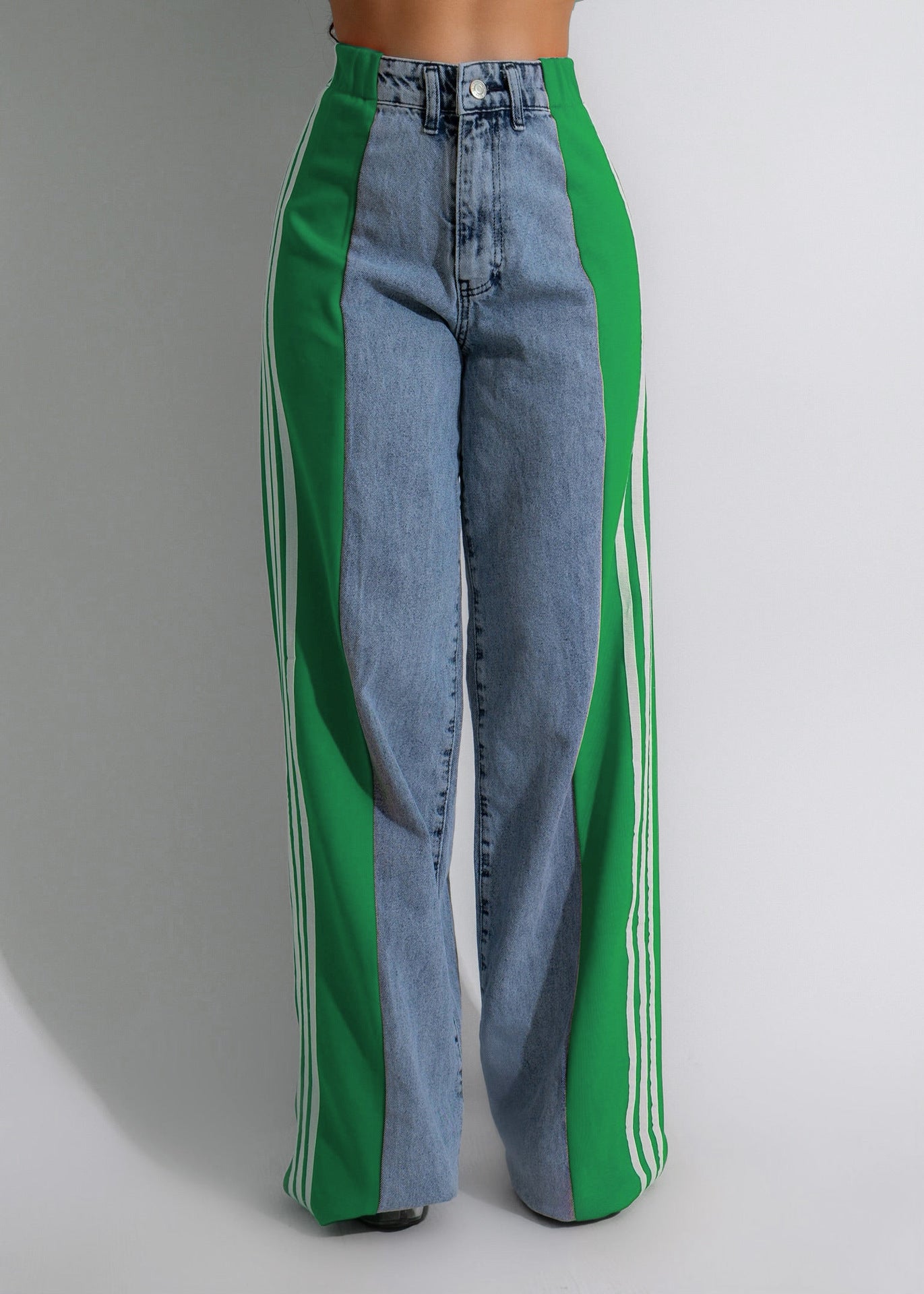 Womens Casual HighWaist Three Stripe Patchwork Denim Wide Leg Pants