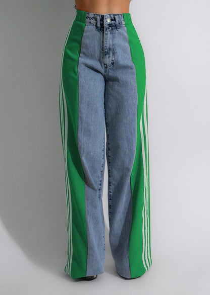 Womens Casual HighWaist Three Stripe Patchwork Denim Wide Leg Pants