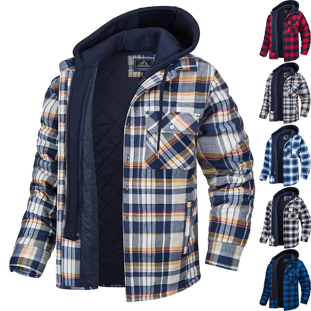 Men's Long-sleeved Plaid Hooded Warm Button Zip-up Jacket