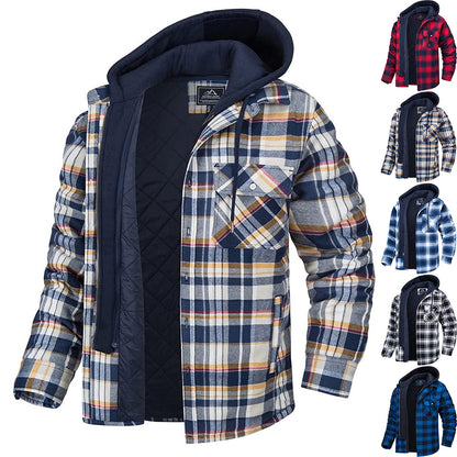 Men's Long-sleeved Plaid Hooded Warm Button Zip-up Jacket